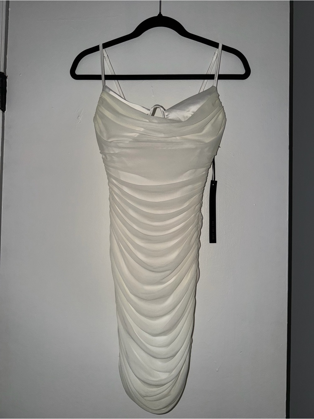 White Ruched Cowl Neck Bodycon Dress - Picture 2 of 3